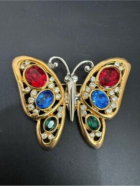 Vintage Regency Accessories Goldtone Blue Red Green Rhinestones Butterfly Brooch